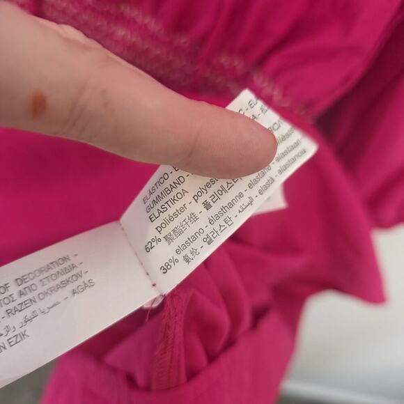 Zara Fuschia Pink Smocked Embroidered Puff Sleeve Tassels Mini Dress Size Large‎ - Picture 7 of 10